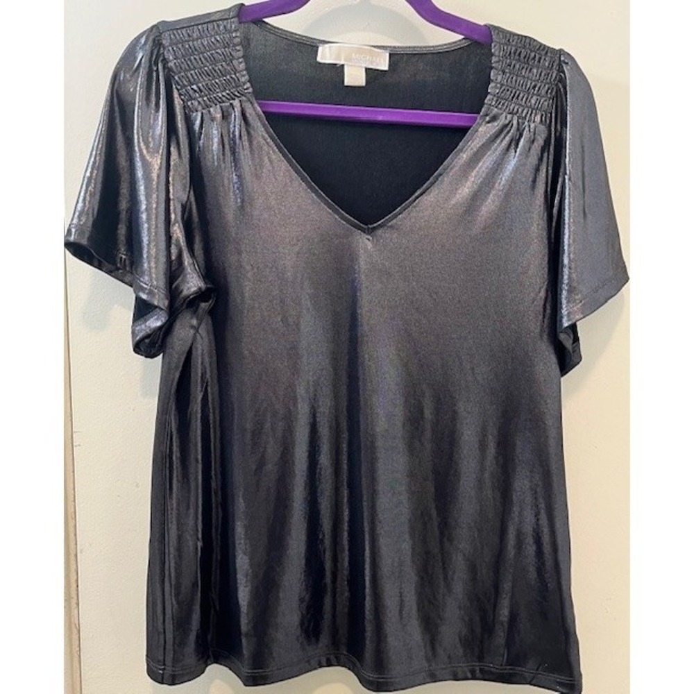 Michael Kors women's Small shimmery V-Neck silver Dolman sleeve C 19" Len 23"